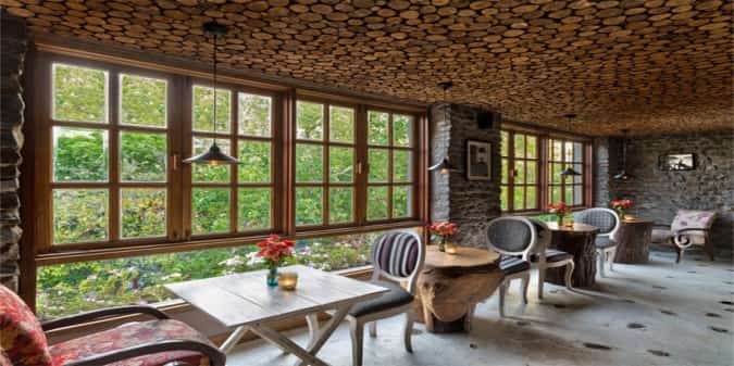 The interiors glow with a welcoming warmth at Music & Mountain’s