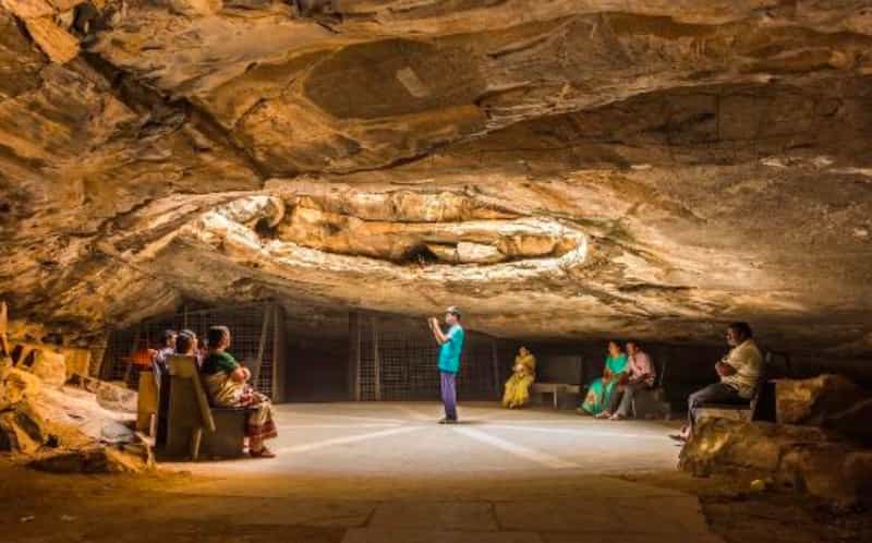 Visitors gathered beneath the meditation hall at Belum Caves
