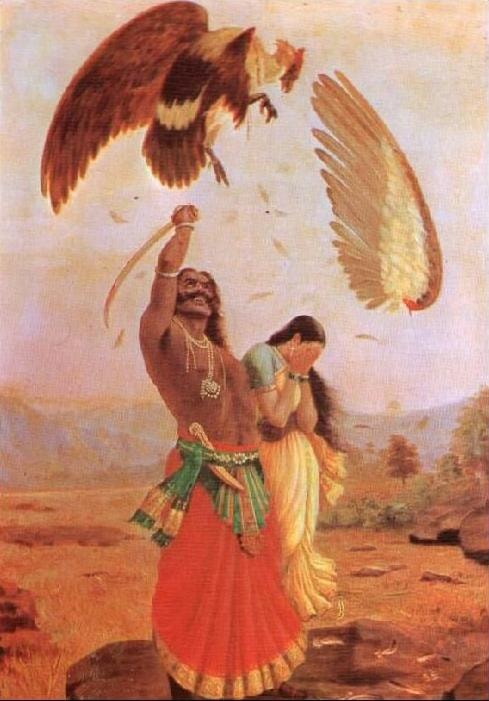 Jatayu’s Death at the Hands of Ravana, a Painting by Raja Ravi Varma