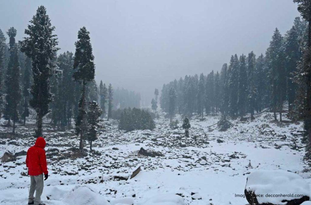 Visit Yusmarg to experience snowfall in Kashmir.