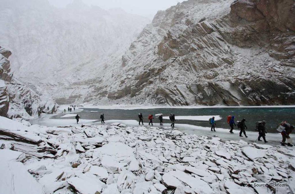 Visit Zanskar to experience snowfall in Kashmir.