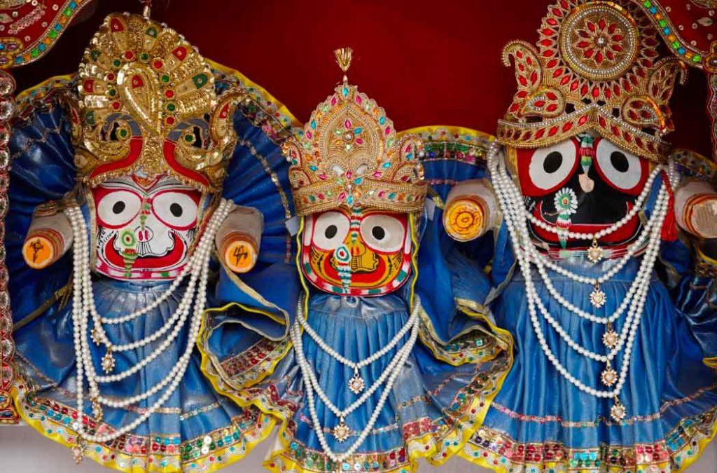 In the Jagannath temple, you will see three deities - Lord Krishna, his brother Balarama, and his sister Subhadra.